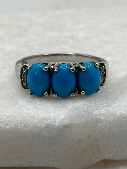 925 Sterling Silver Sleeping Beauty Turquoise Ring with White Topaz Shoulders - Size O