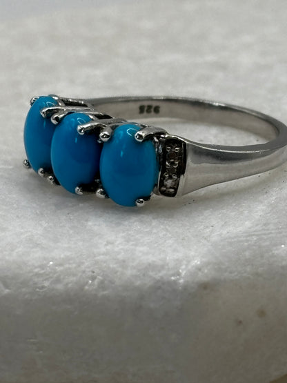 925 Sterling Silver Sleeping Beauty Turquoise Ring with White Topaz Shoulders - Size O