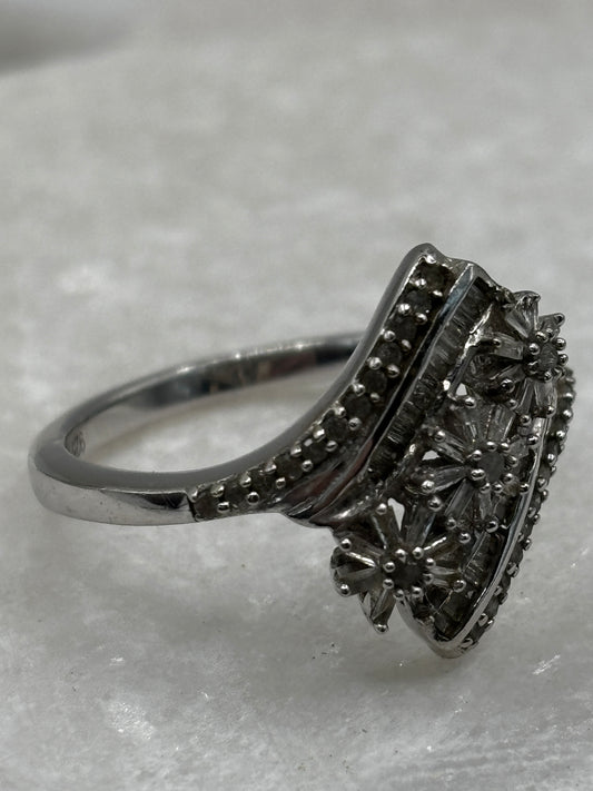 925 Sterling Silver Full Diamond Floral Ring - Size U