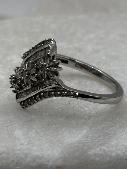 925 Sterling Silver Full Diamond Floral Ring - Size U