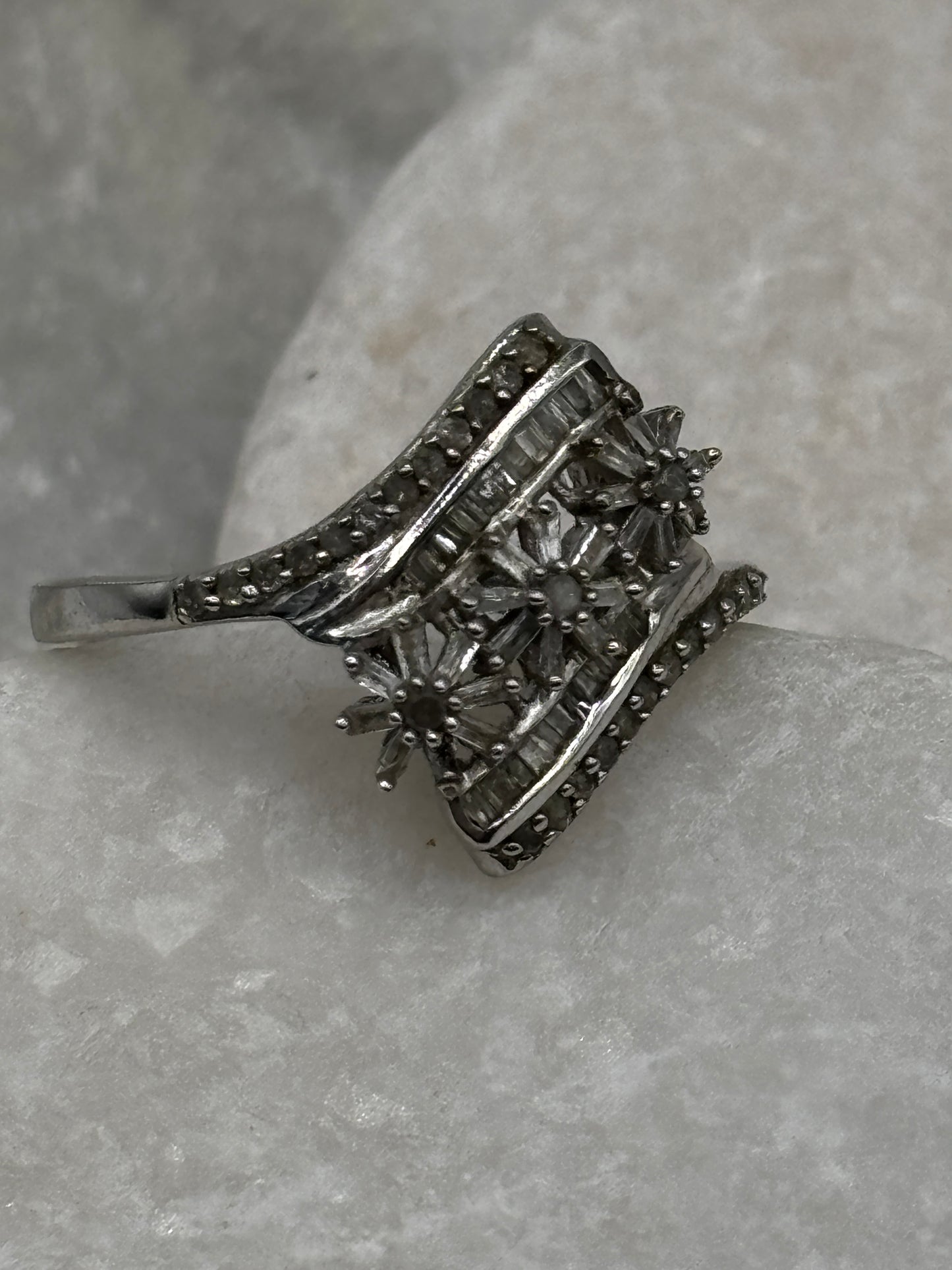 925 Sterling Silver Full Diamond Floral Ring - Size U