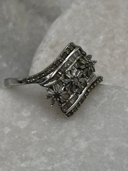 925 Sterling Silver Full Diamond Floral Ring - Size U