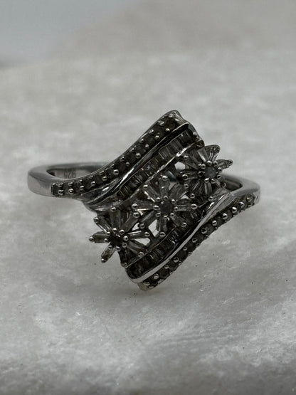 925 Sterling Silver Full Diamond Floral Ring - Size U