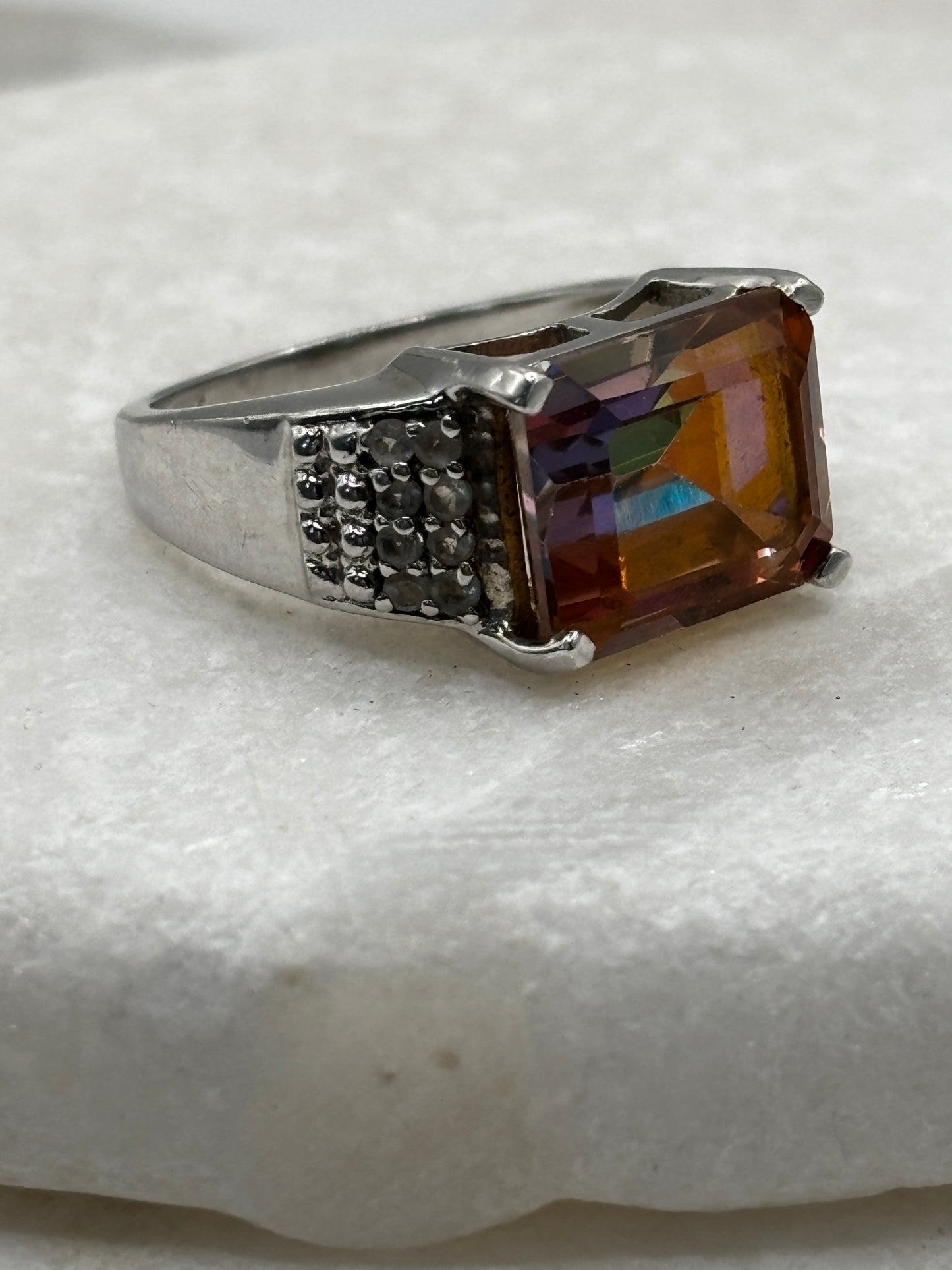 925 Sterling Silver Bi-Colour Emerald Cut Tourmaline Band Ring - Size O