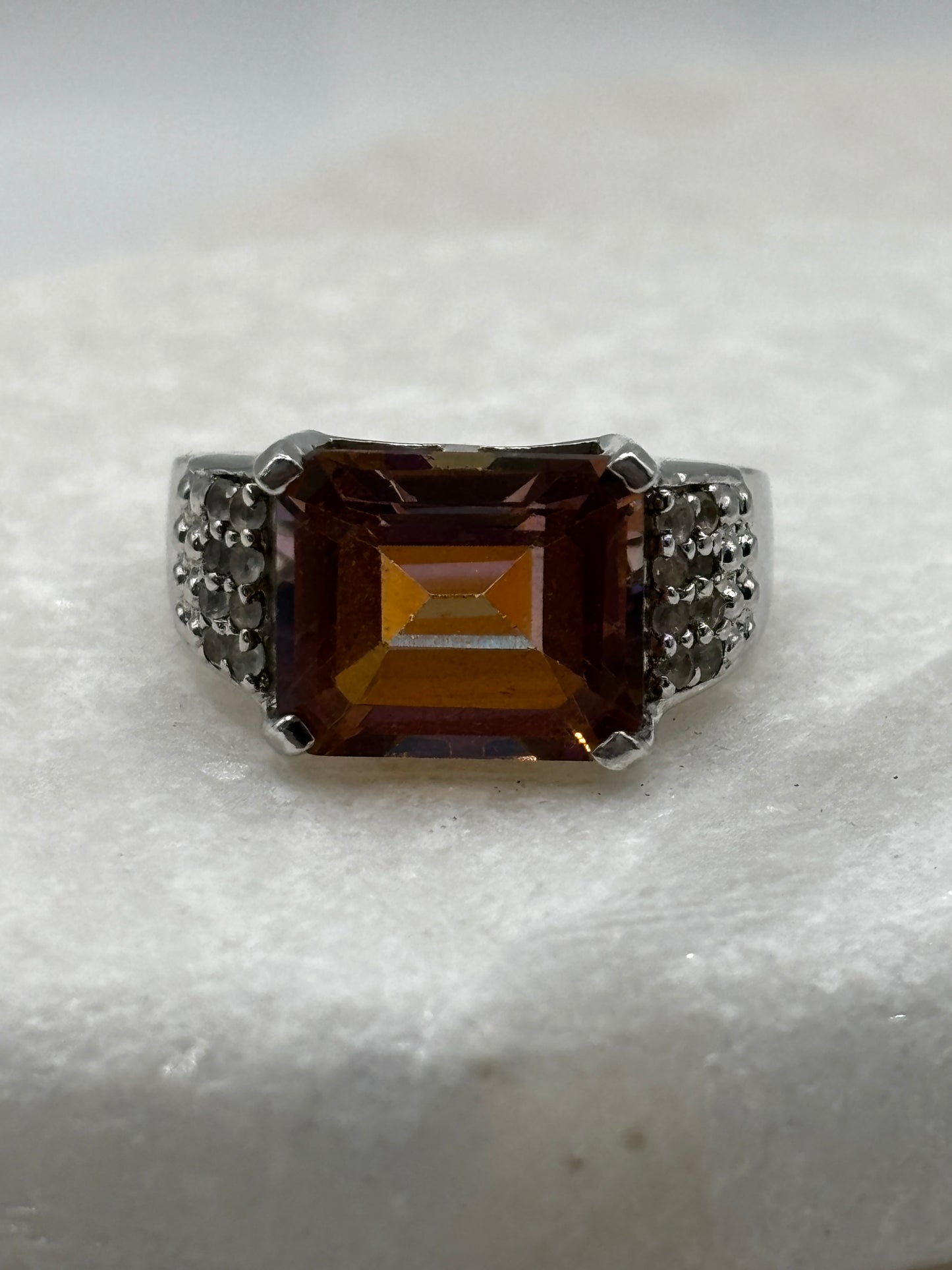925 Sterling Silver Bi-Colour Emerald Cut Tourmaline Band Ring - Size O