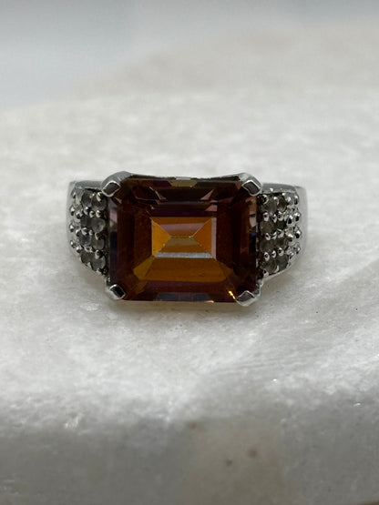 925 Sterling Silver Bi-Colour Emerald Cut Tourmaline Band Ring - Size O