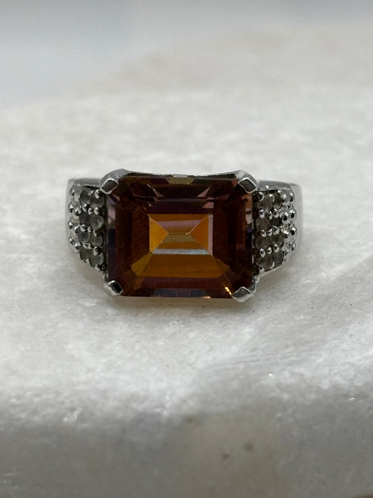 925 Sterling Silver Bi-Colour Emerald Cut Tourmaline Band Ring - Size O