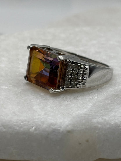 925 Sterling Silver Bi-Colour Emerald Cut Tourmaline Band Ring - Size O