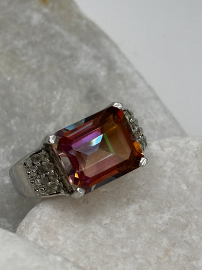 925 Sterling Silver Bi-Colour Emerald Cut Tourmaline Band Ring - Size O