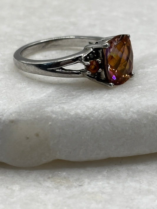 925 Sterling Silver Padparadscha Quartz Faceted Trilogy Ring - Size O