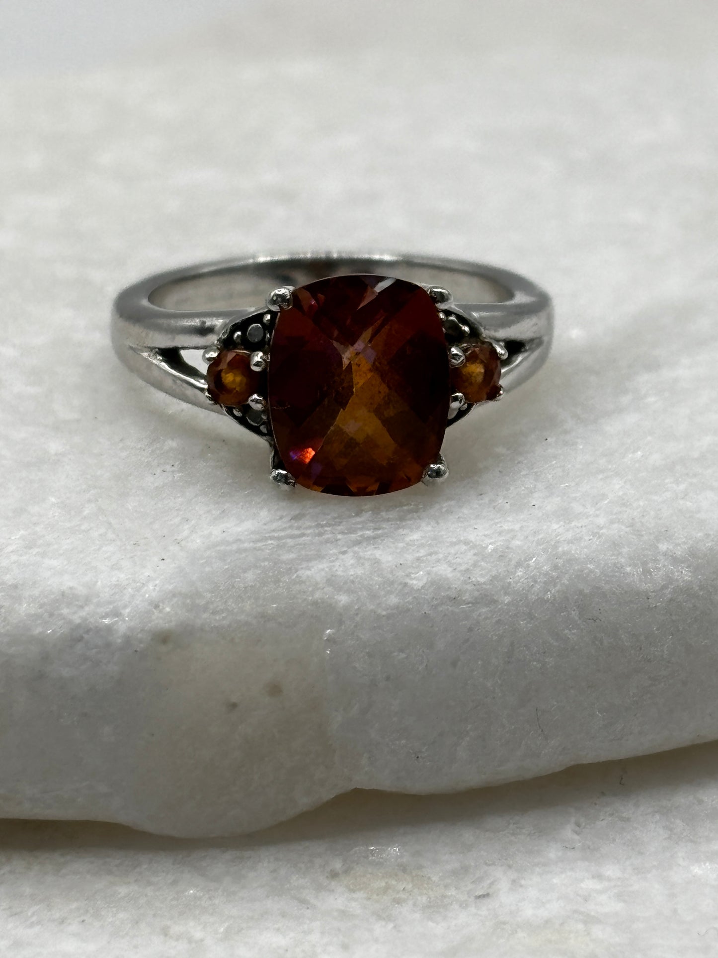 925 Sterling Silver Padparadscha Quartz Faceted Trilogy Ring - Size O