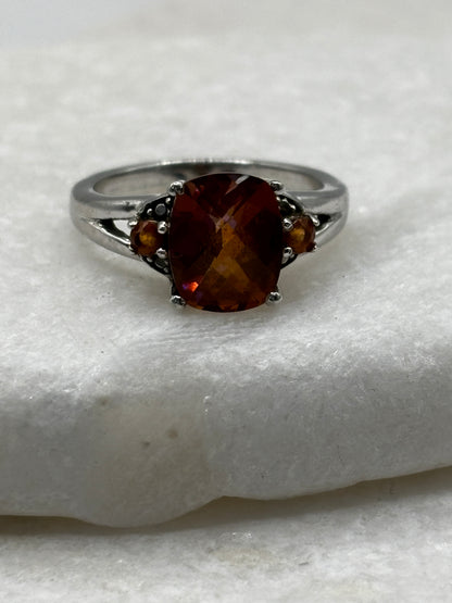 925 Sterling Silver Padparadscha Quartz Faceted Trilogy Ring - Size O