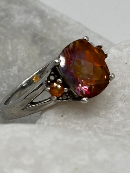 925 Sterling Silver Padparadscha Quartz Faceted Trilogy Ring - Size O