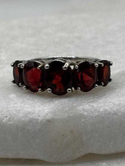925 Sterling Silver Graduating Garnet Half Eternity Band Ring - Size O