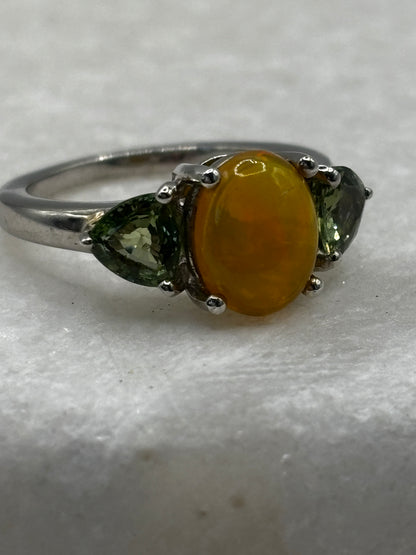 925 Sterling Silver Opal and Green Tourmaline Trilogy Ring - Size J