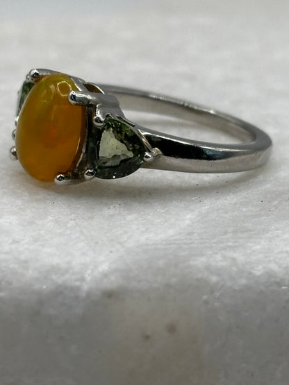 925 Sterling Silver Opal and Green Tourmaline Trilogy Ring - Size J