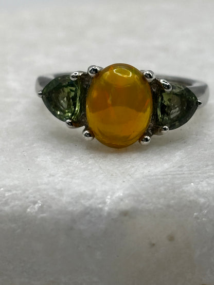 925 Sterling Silver Opal and Green Tourmaline Trilogy Ring - Size J
