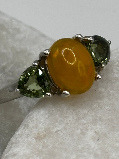 925 Sterling Silver Opal and Green Tourmaline Trilogy Ring - Size J