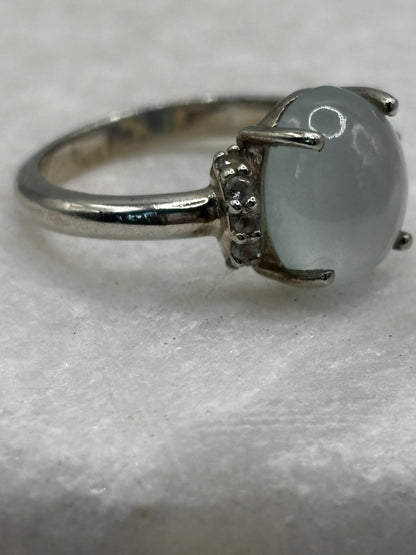 925 Sterling Silver Aquamarine Cabochon White Topaz Trilogy Ring - Size O