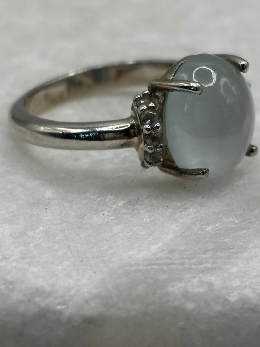 925 Sterling Silver Aquamarine Cabochon White Topaz Trilogy Ring - Size O