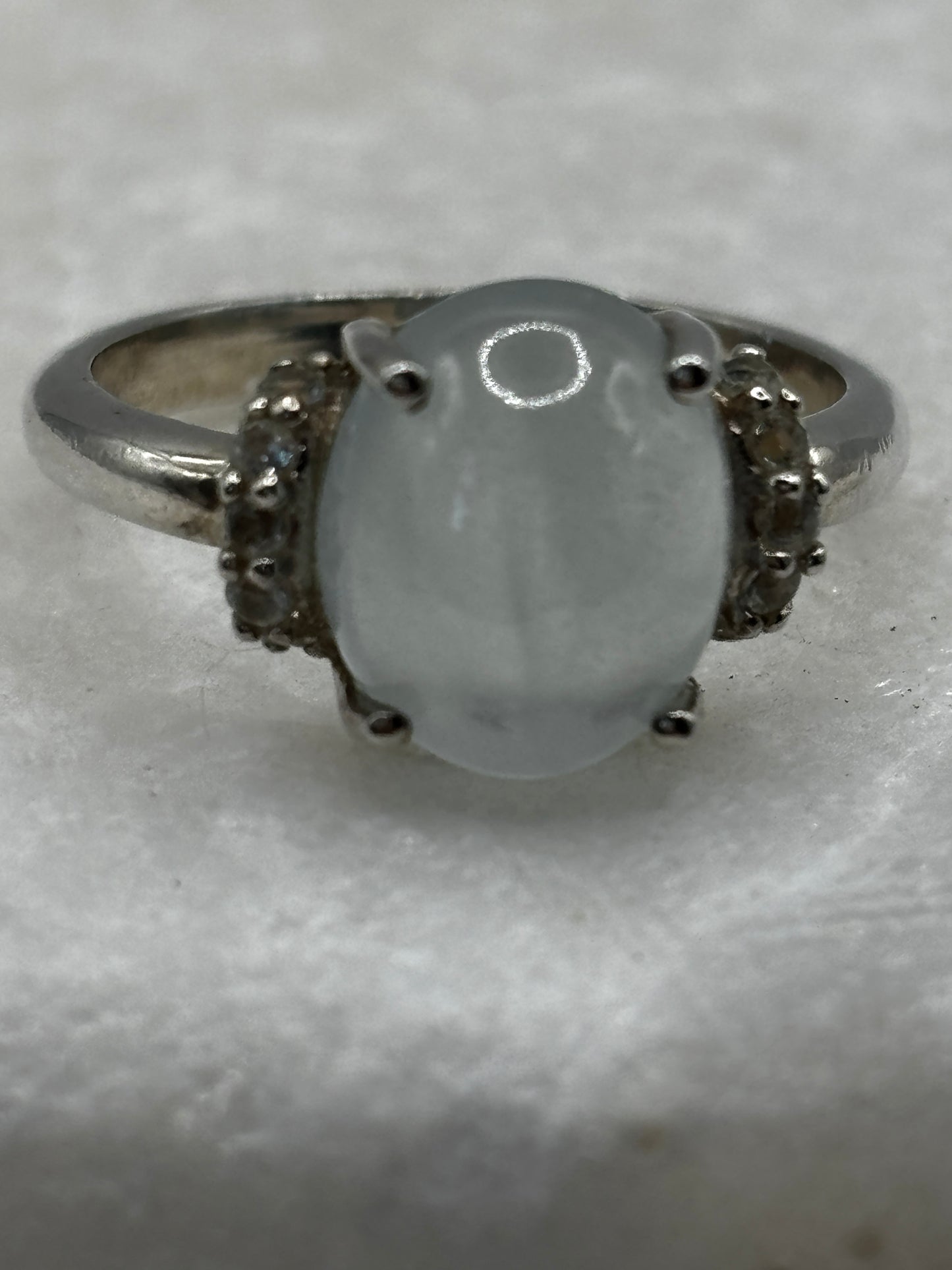 925 Sterling Silver Aquamarine Cabochon White Topaz Trilogy Ring - Size O