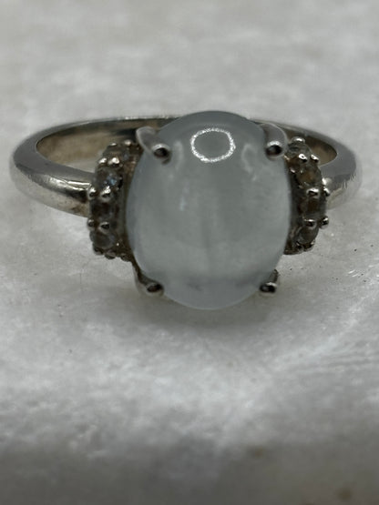 925 Sterling Silver Aquamarine Cabochon White Topaz Trilogy Ring - Size O