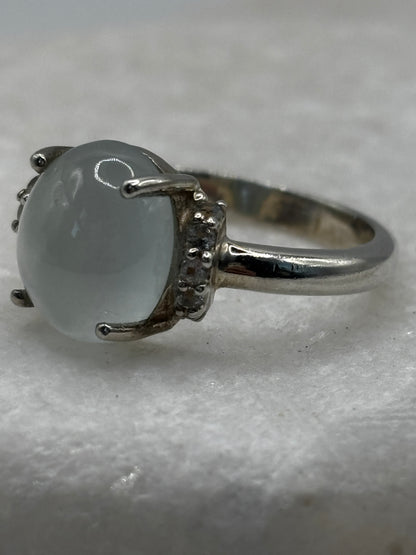 925 Sterling Silver Aquamarine Cabochon White Topaz Trilogy Ring - Size O