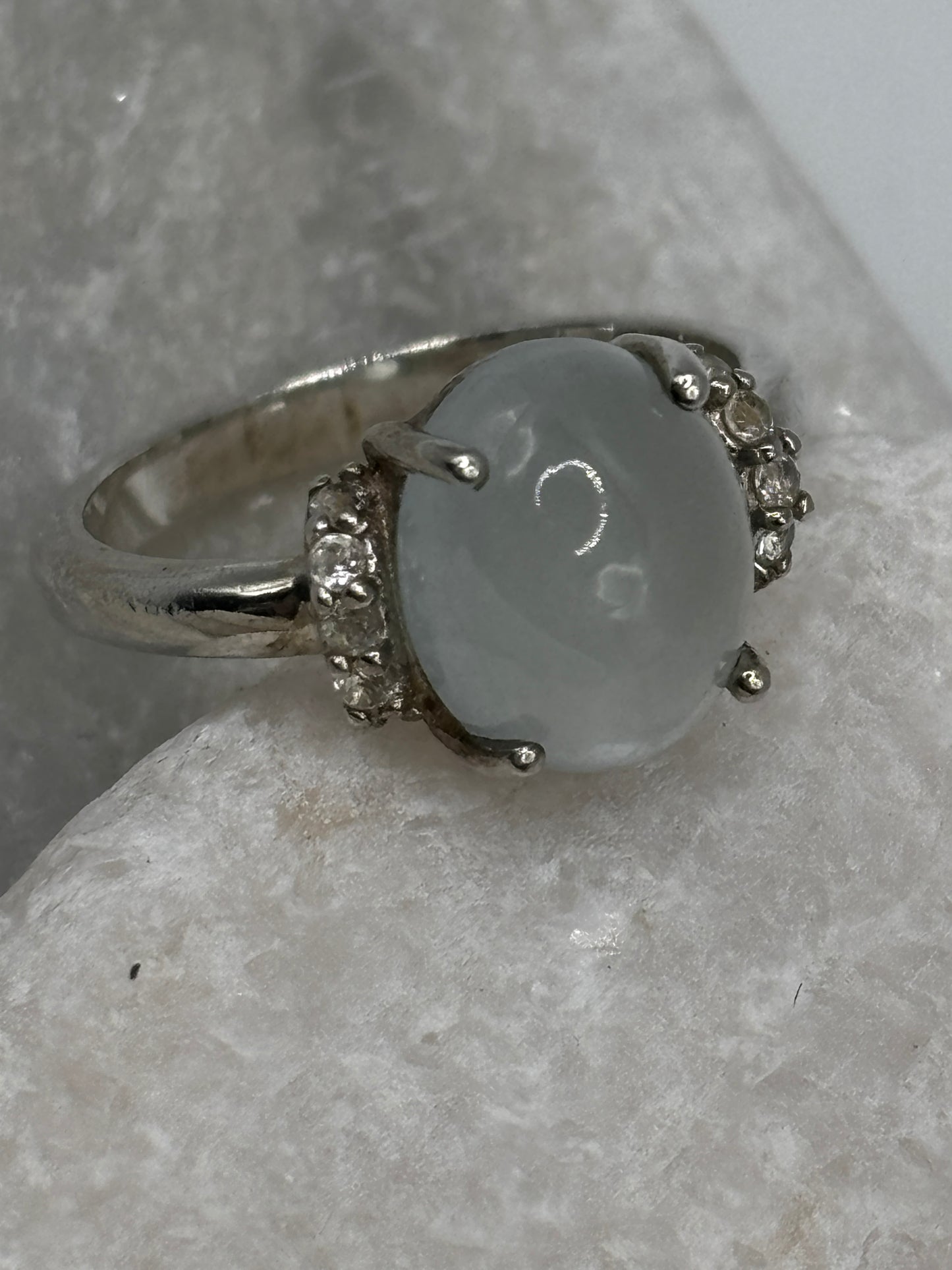 925 Sterling Silver Aquamarine Cabochon White Topaz Trilogy Ring - Size O