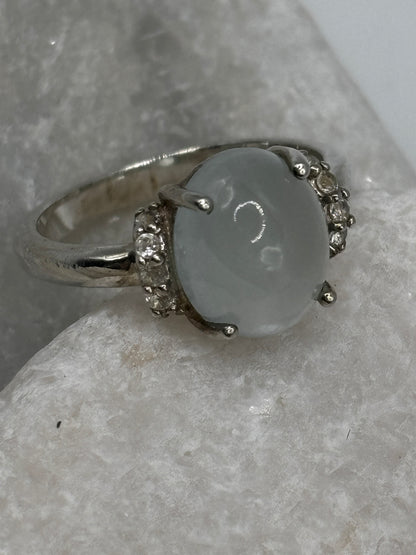 925 Sterling Silver Aquamarine Cabochon White Topaz Trilogy Ring - Size O