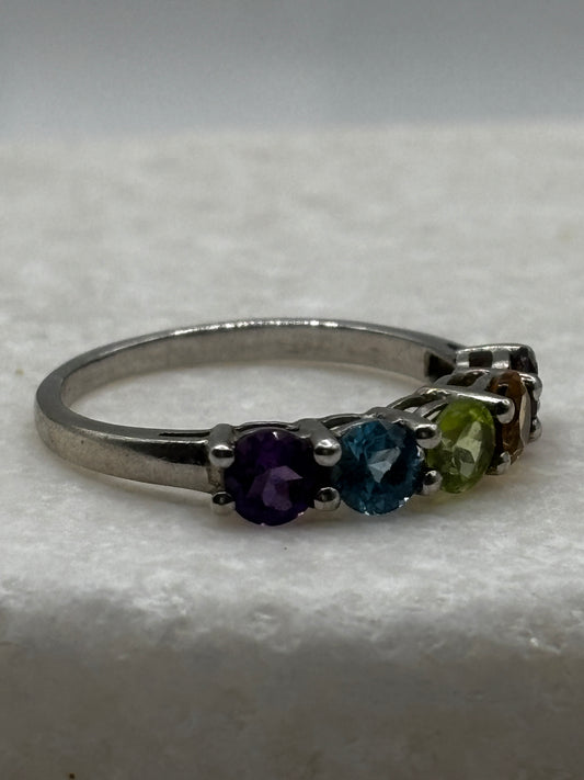 925 Sterling Silver Multi-Gemstone Ring (Amethyst, Blue Topaz, Peridot, Citrine & Garnet) – UK Size P