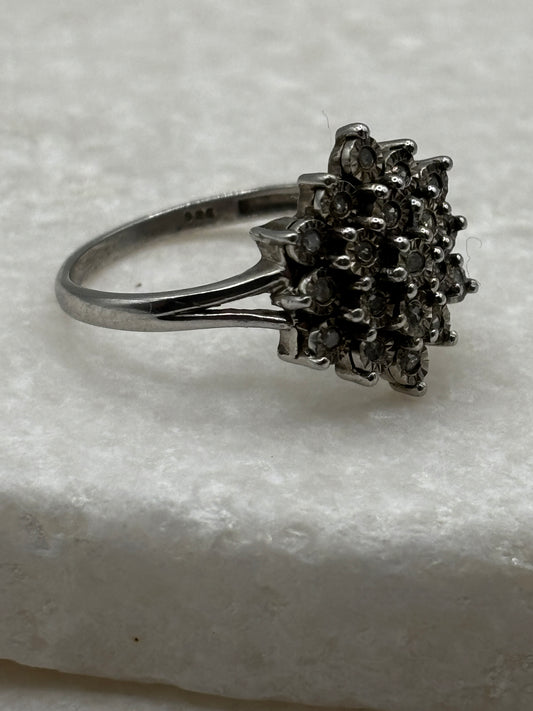 925 Sterling Silver Diamond Cluster Ring with Silver Etched Detail - UK Size P