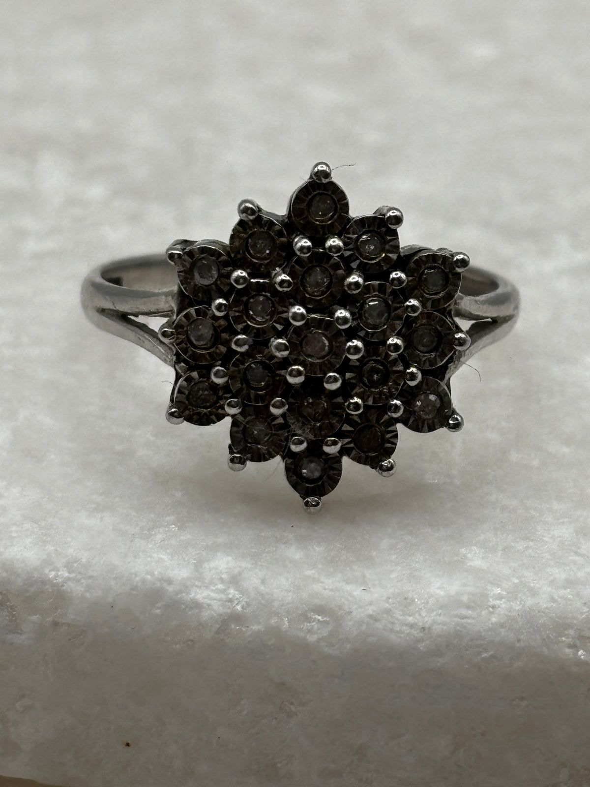 925 Sterling Silver Diamond Cluster Ring with Silver Etched Detail - UK Size P