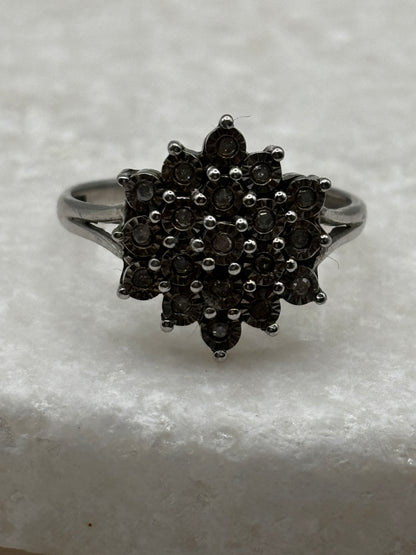 925 Sterling Silver Diamond Cluster Ring with Silver Etched Detail - UK Size P