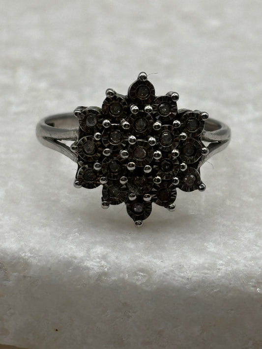 925 Sterling Silver Diamond Cluster Ring with Silver Etched Detail - UK Size P