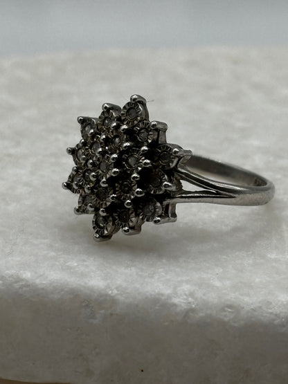 925 Sterling Silver Diamond Cluster Ring with Silver Etched Detail - UK Size P