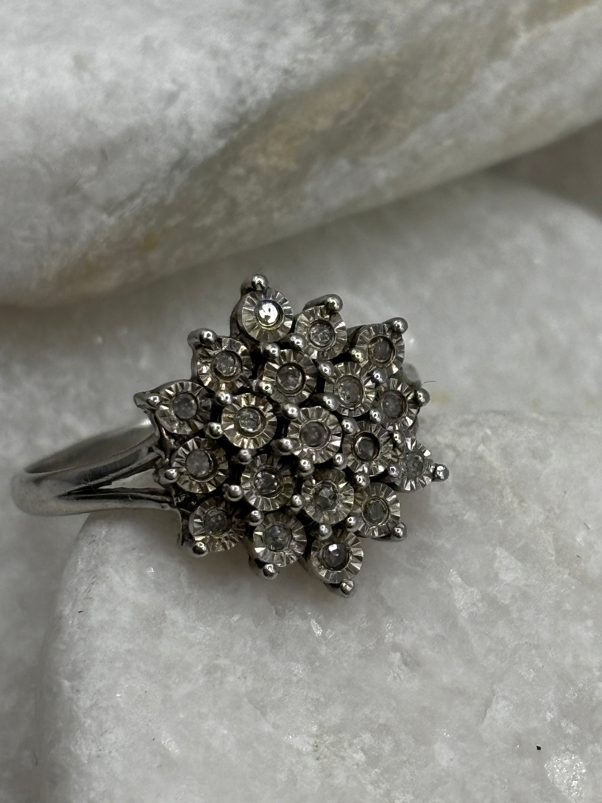 925 Sterling Silver Diamond Cluster Ring with Silver Etched Detail - UK Size P