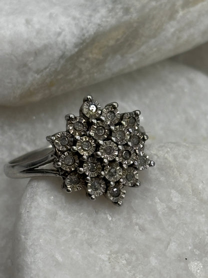 925 Sterling Silver Diamond Cluster Ring with Silver Etched Detail - UK Size P
