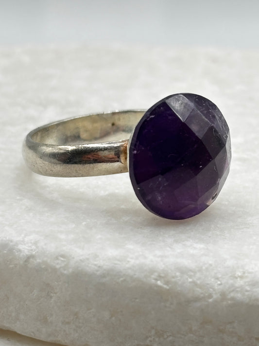 Vintage 925 Sterling Silver Faceted Amethyst Solitaire Ring – UK Size P