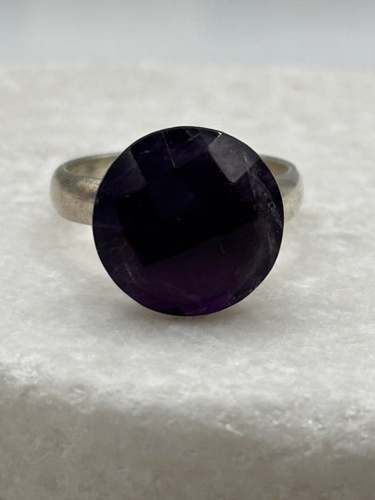 Vintage 925 Sterling Silver Faceted Amethyst Solitaire Ring – UK Size P