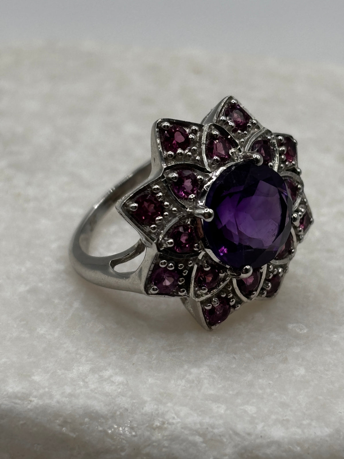 925 Sterling Silver Amethyst and Pink Tourmaline Floral Statement Ring - UK Size P