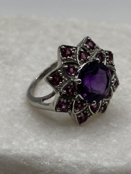 925 Sterling Silver Amethyst and Pink Tourmaline Floral Statement Ring - UK Size P