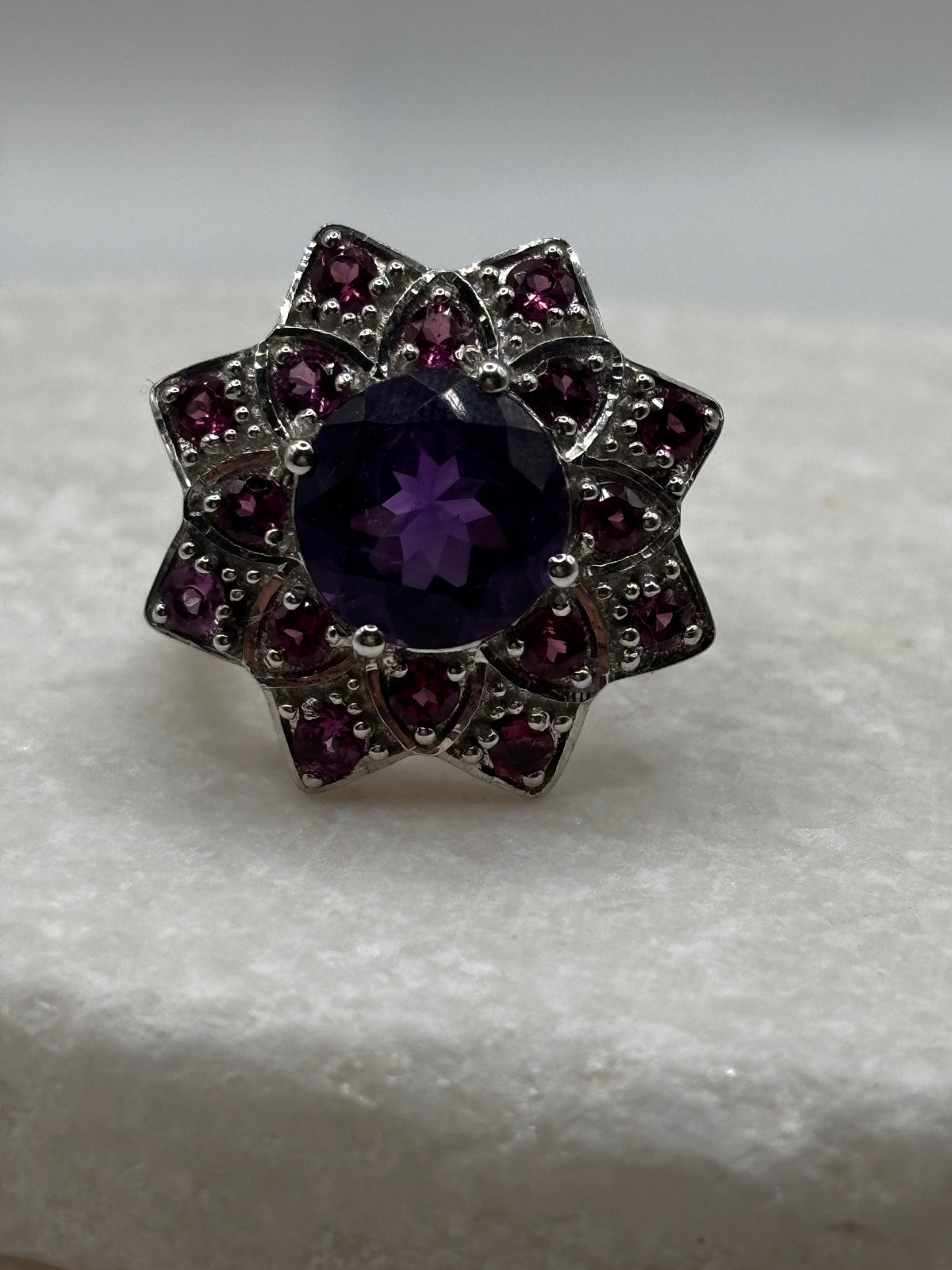 925 Sterling Silver Amethyst and Pink Tourmaline Floral Statement Ring - UK Size P