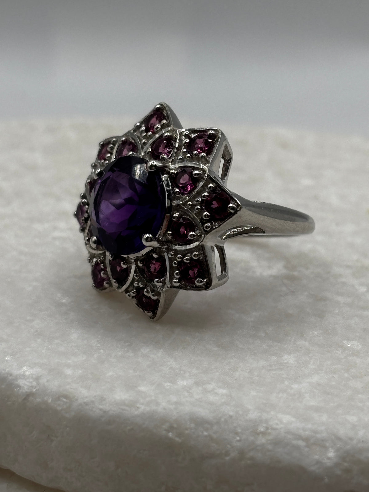 925 Sterling Silver Amethyst and Pink Tourmaline Floral Statement Ring - UK Size P