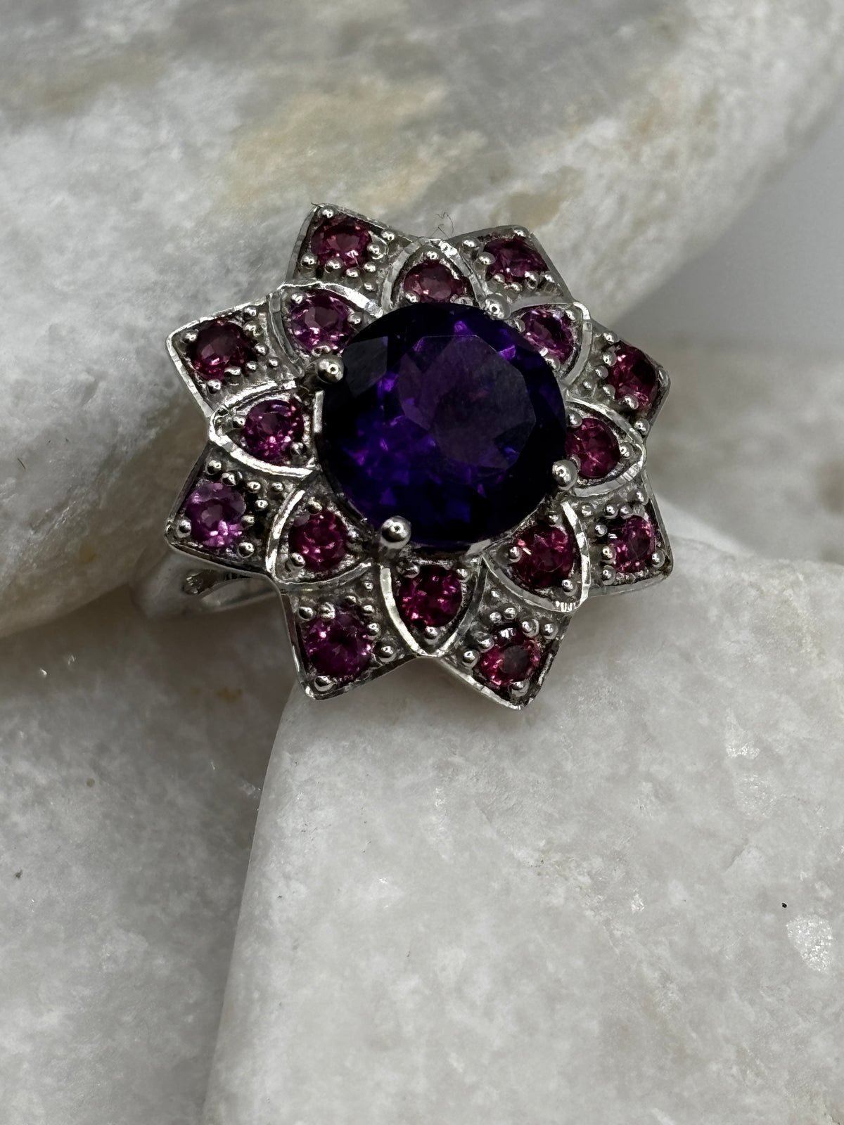 925 Sterling Silver Amethyst and Pink Tourmaline Floral Statement Ring - UK Size P
