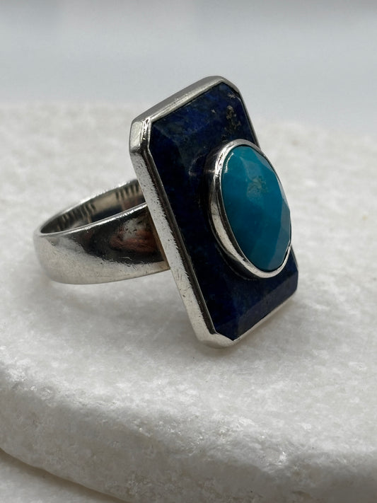 Vintage 925 Sterling Silver Lapis Lazuli and Faceted Turquoise Statement Ring - UK Size V