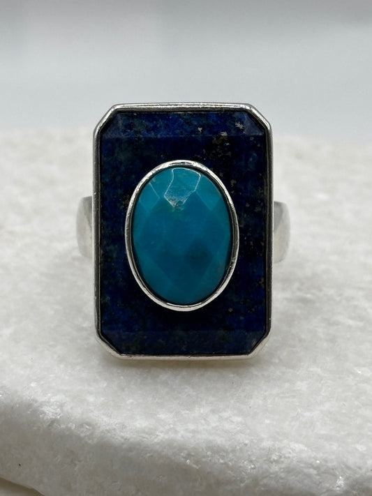 Vintage 925 Sterling Silver Lapis Lazuli and Faceted Turquoise Statement Ring - UK Size V