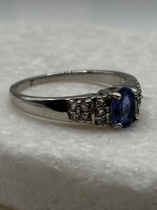 925 Sterling Silver Fluorite and White Zircon Band Ring - UK Size V