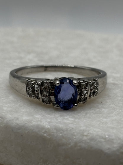 925 Sterling Silver Fluorite and White Zircon Band Ring - UK Size V