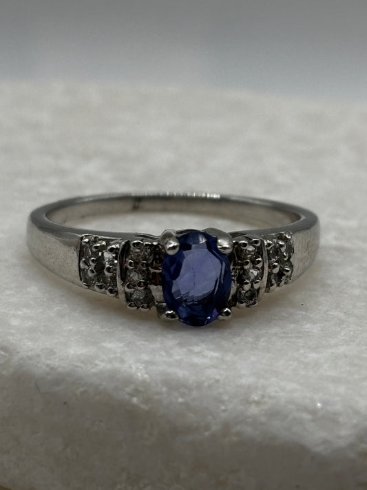 925 Sterling Silver Fluorite and White Zircon Band Ring - UK Size V