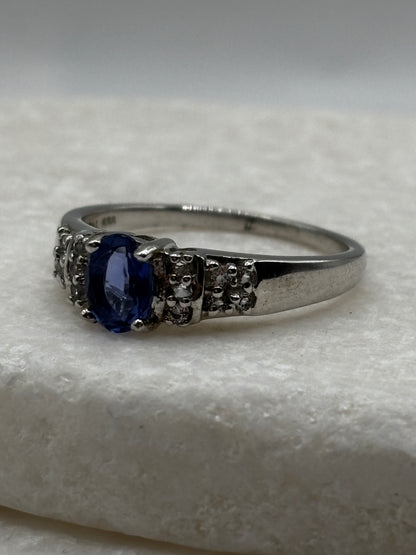925 Sterling Silver Fluorite and White Zircon Band Ring - UK Size V